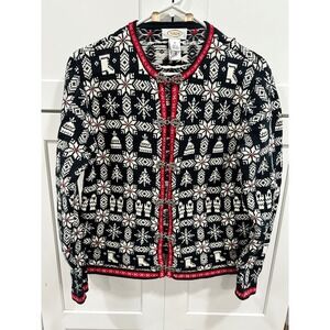 Talbots Womens Fair Isle Christmas Holiday Cardigan Sweater Black Red‎ Small